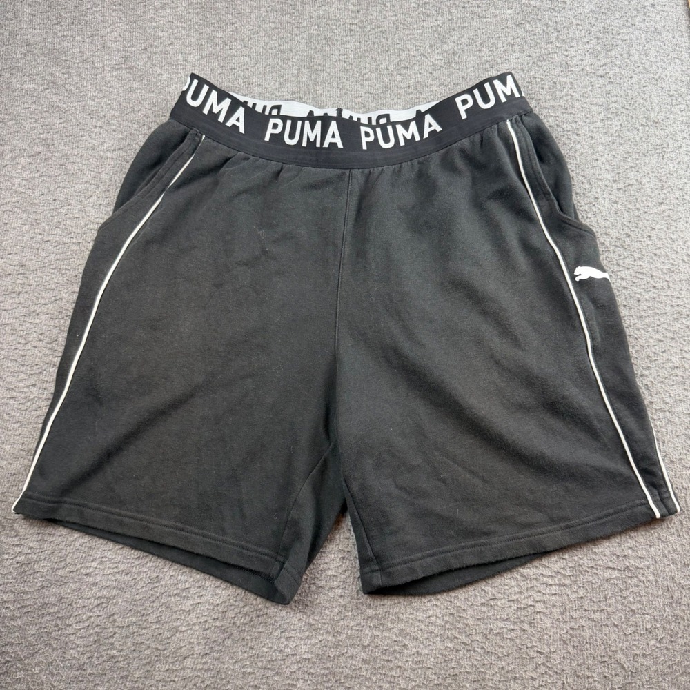 Puma‎ Athletic Shorts Men's Small Black Fleece Logo Waistband Piping Gym Casual